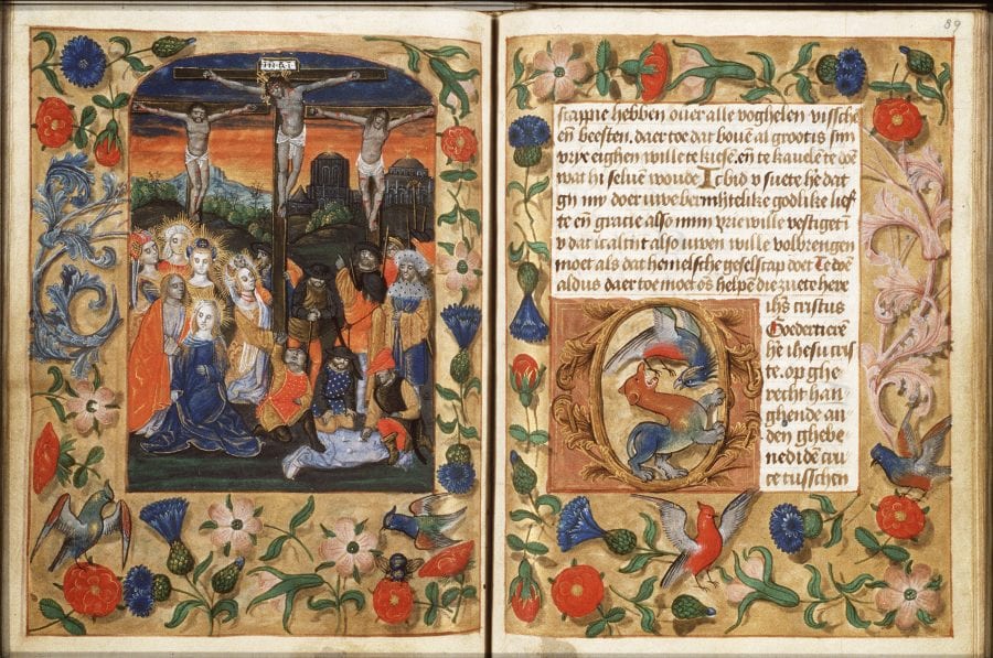 The Crucifixion (fols. 88v–89r), Master of Corn, ca. 1490–1500, Royal Library, The Hague