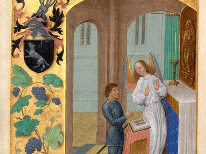 Simon Marmion, Donne Hours: John Donne Kneeling Before His Guard, ca. 1480, Louvain-la-Neuve, Archives de l'Université
