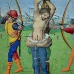 Master of the Dresden Prayerbook, Donne Hours: Martyrdom of Saint Sebastian, detail,  ca. 1480,  Louvain-la-Neuve, Archives de l'Université