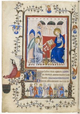 Master of the Parement de Narbonne,  Annunciation, p. 2, from the Très Belles Heure, c. 1390-1410, Bibliothèque Nationale de France, Paris