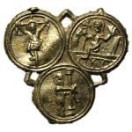 Fig. 15 Badge of the three miraculous hosts of Wilsnack, showing three hosts bearing Passion imagery (the Crucifixion, Resurrection, and Flagellation) (Kunera no. 13628)