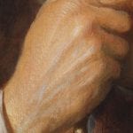 Detail of Scholar Sharpening a Quill showing the brushwork of the proper right hand of the scholar