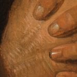 Detail of Hermit Praying showing hatching brushwork along the highlights of the figure’s clenched hands