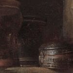 Detail of Scholar Interrupted at His Writing showing the shelf in the background that includes the miniscule letters “…ALVES” on the front of a jar, partially obscured by an overlapping jar