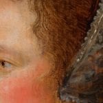 Detail of Portrait of a Lady in Profile showing individual strands of hair painted in flesh tones that overlay her upper temple