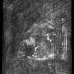 X-radiograph of Old Woman at a Niche by Candlelight showing the original flame of the oil lamp at the center right