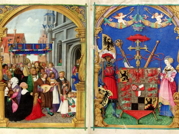 Nikolaus Glockendon,  Corpus Christi Procession, Missale Hallense of A, 1524, Aschaffenburg, Hofbibliothek; Nikolaus Glockendon,  Coats of Arms of Albrecht of Brandenburg, Missal, 1524, Aschaffenburg, Hofbibliothek