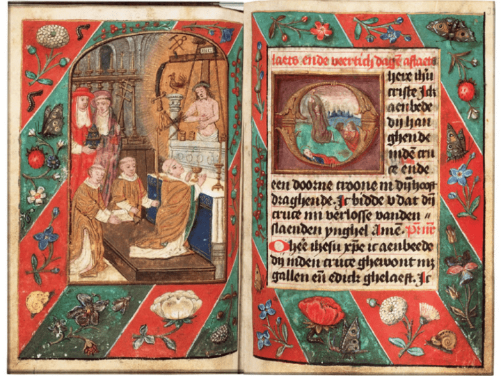 Full-page miniature depicting the Mass of Saint G, Ms. 71 G 53; see fig. 27. The edges of theÊAdoro teÊare heavily discolored