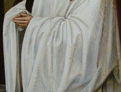 Fig. 10 Detail of male donor’s garment showing underdrawn hatching visible through the white paint. Cornelis Engebrechtsz, Lamentation, right interior wing.