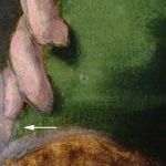 Fig. 17 Man’s sleeve, with blue underlayer indicated by an arrow. Aertgen van Leyden, Raising of Lazarus, middle panel.