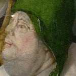 Man in the crowd showing blotted green glaze (indicated by arrows) extending into his face and clothing. Master of the Church Sermon, Church Sermon.