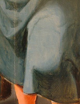 Fig. 32 Blue robe of man in bottom right showing fluid brushstrokes. Aertgen van Leyden, Church Sermon.
