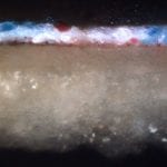 Fig. 37b Cross-section of sample RMA-AW-169/4, taken from a transitional area in the left sleeve, showing: i) the chalk/glue ground, ii) small red particles concentrated at the bottom of the paint layer, iii) a paint layer 15–25 µ thick, where particles of azurite and organic red are intermixed within a lead white matrix. Sample taken and photographed at a magnification of 500x by Arie Wallert.