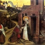 Artist unknown;  Joseph's Repentance of His Doubt, (copy after Robert Campin, The Life of Saint Joseph,  ca. 1425, now lost);  oil on panel;  64 x 203 cm;  Hoogstraten, Belgium, Saint Katarinakerk