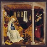 Master of the Little Garden of Paradise and his workshop;  The Doubt of Joseph, (from the hospice of Saint-Marc, Strasbourg);  ca. 1430;  oil on pine panel;  114 x 114 cm;  Strasbourg, Musée de l'Oeuvre Notre Dame;  on loan from the Hospices Civils de Strasbourg, inv. MBA 1482