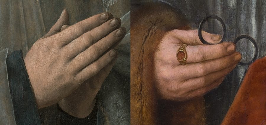 Left: detail of Jacob Obrecht (fig. 1); right: detail of Portrait of a Canon (fig. 3)