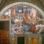 Workshop of Raphael,  Coronation of Charlemagne (with scene of Simon Ma,  1514–17,  Vatican City, Stanza dell’Incendio di Borgo