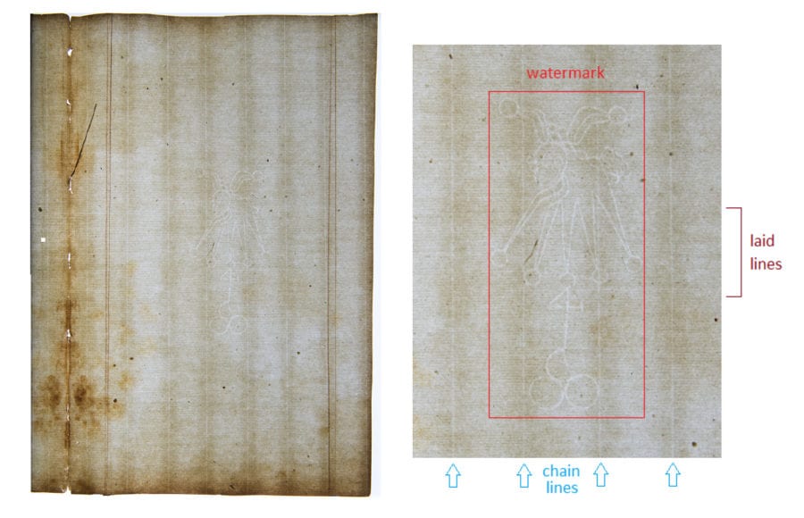 Transmitted-light photograph of a blank sheet of laid paper from a 1536 French book. Left: Right half of a full-mold sheet containing Foolscap with Five-pointed Collar watermark. Right: Enlargement of region around watermark with chain lines and laid lines