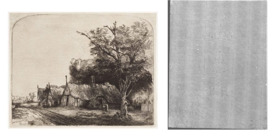 Left: Rembrandt Harmenszoon van Rijn, Landscape with Three Gabled Cottages, The Frick Collection, 1916.3.30. Right: Beta-radiograph of portion around watermark