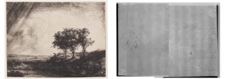 Left: Rembrandt Harmenszoon van Rijn, Landscape with Three Trees, The Frick Collection, 1915.3.28. Right: Beta-radiograph of portion around watermark