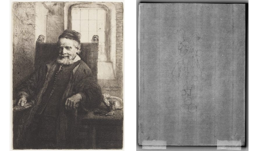 Left: Rembrandt Harmenszoon van Rijn, Jan (Johannes) Lutma the Elder, The Frick Collection, 1916.3.37; Right: Beta-radiograph of portion around watermark