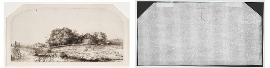 Left: Rembrandt Harmenszoon van Rijn, Landscape with Haybarn and Flock of Sheep, The Frick Collection, 1916.3.29. Right: Beta-radiograph of portion around watermark