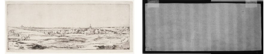 Left: Rembrandt Harmenszoon van Rijn, The Goldweigher’s Field, The Frick Collection, 1915.3.31. Right: Beta-radiograph of portion around watermark