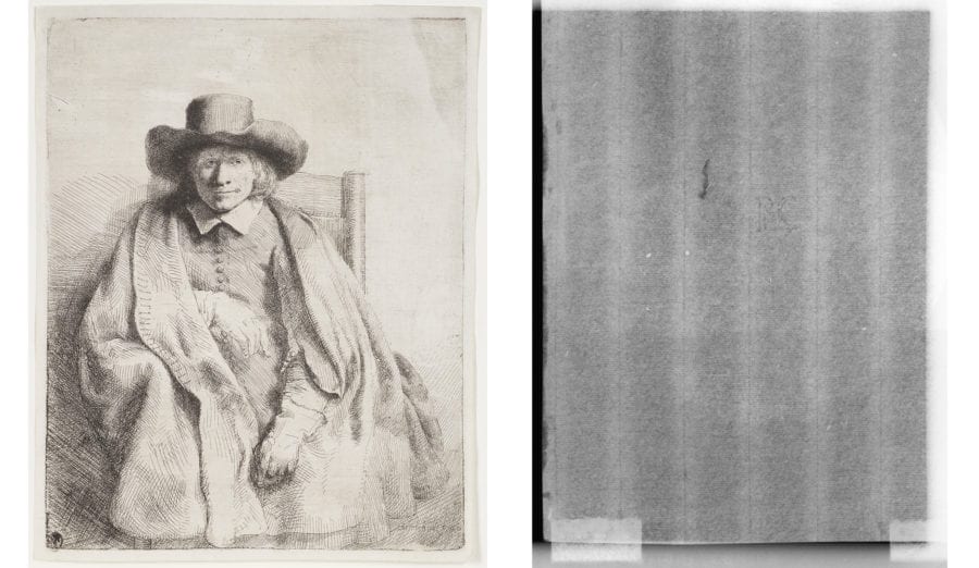 Left: Rembrandt Harmenszoon van Rijn, Clement de Jonghe, The Frick Collection, 1916.3.36. Right: Beta-radiograph of portion around watermark