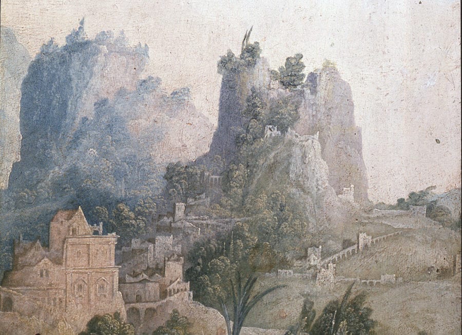Detail of fig. 5: light blue and light green background mountains