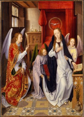 Hans Memling, Annunciation with Angels, ca. 1480–89, oil on panel, transferred to canvas, The Metropolitan Museum of Art, New York