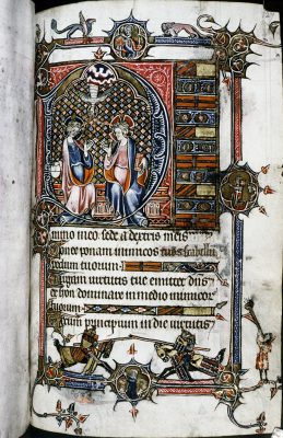 Unknown maker, France (Artois), The Trinity, with images of jousting, Saint Margaret, a knight, and a laywoman, late 13th century. Bodleian Library, Oxford