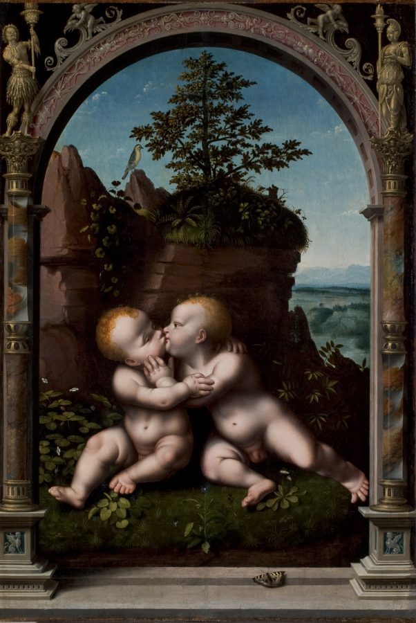 Joos van Cleve, The Infants Christ and Saint John the Baptist Embracing and Kissing, ca. 1525–30, oil on oak panel, Private collection