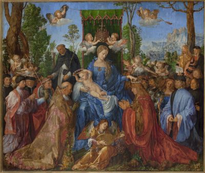 Albrecht Dürer, Feast of the Rose Garlands, 1506, oil on wood, 162 x 192 cm. National Gallery, Prague