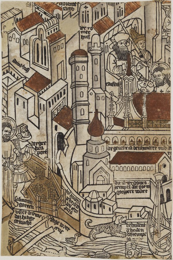 Unknown German artist, The Passion of Jesus in Jerusalem (fragment), 1460s, woodcut with hand coloring and xylographic inscriptions on paper, Hood Museum of Art, Dartmouth College, Dartmouth