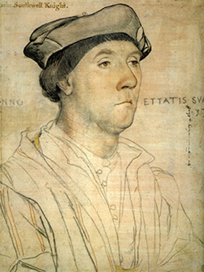 Hans Holbein the Younger, Sir Richard Southwell, 1536, pink priming, black, red, yellow, and light brown chalks reinforced in ink with pen and brush, The Royal Collection, London