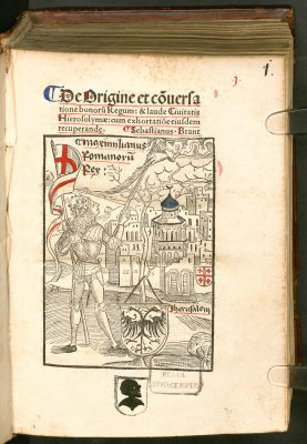 Sebastian Brant, De origine et conversatione bonorum regum et de laude civitatis Hierosolymae, f. lr., Bayerische Staatsbibliothek, Munich