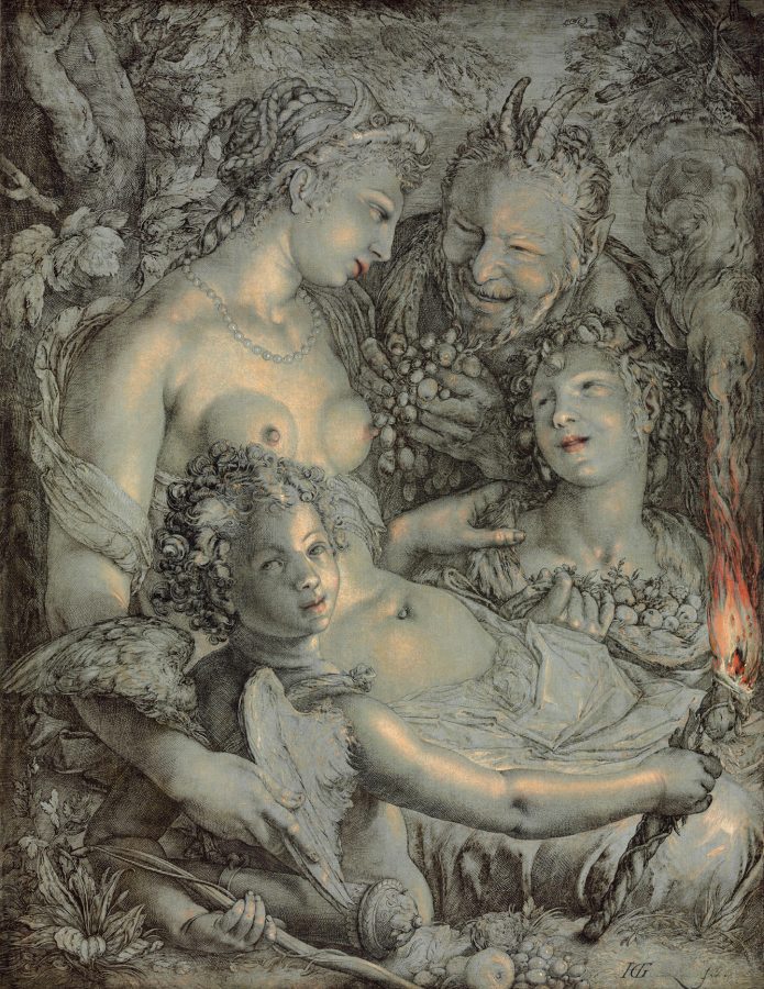 Hendrick Goltzius, Sine Cerere et Libero friget Venus (Without Ceres and Bacchus, Venus Would Freeze), 1599–1602, ink and oil on blue-gray prepared canvas, Philadelphia Museum of Art, Philadelphia