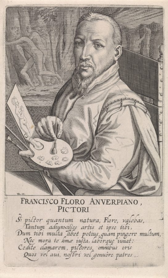 Unknown Engraver, Portrait of Frans Floris, from Pictorum aliquot Germaniae Inferioris Effigies, posthumously published by Hieronymus Cock with a poem by Dominicus Lampsonius, 1572, engraving, The British Museum, London