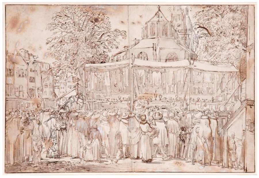 Willem Pietersz. Buytewech, Lottery at the Groenmarkt in The Hague, ca. 1617–1622, pen on paper, Fondation Custodia, Paris