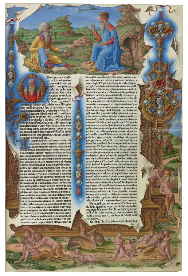 Girolamo da Cremona, “Aristotle and Averroes Disputing,” from Aristotle, Opera (Venice, 1483), opening page of vol. 1. The Morgan Library, New York