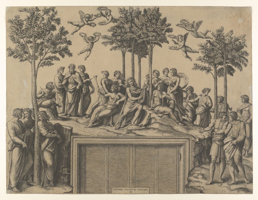 Marcantonio Raimondi after Raphael, Apollo Seated on Parnassus Surrounded by the Muses and Famous Poets, 1517–1520, engraving, The Metropolitan Museum of Art, New York