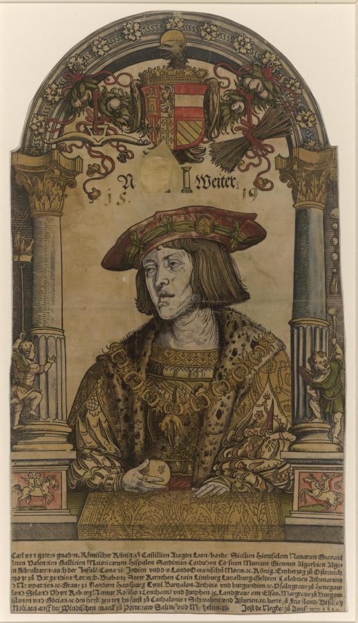 Hans Weiditz, Emperor Charles V, 1519 (published by Jost de Negker), hand-colored woodcut on vellum, parts printed in gold, The British Museum, London
