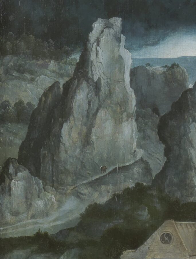 Joachim Patinir and Quinten Massys, The Temptations of Saint Anthony (fig. 14), detail of the Bayard Rock and the Chérau de Charlemagne winding around the crag