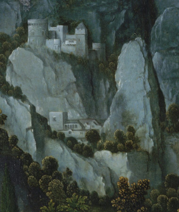 Joachim Patinir, The Penitence of Saint Jerome (fig. 19), center panel, detail of rock formations and fortress