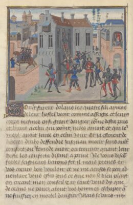 The four sons escape from Charlemagne’s palace on Bayard, from Renault de Montauban, mid-15th century, parchment, vol. 2, fol. 22v. Bibliothèque nationale de France, Paris