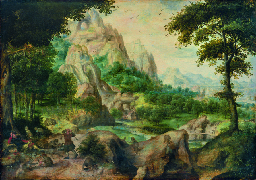 Herri met de Bles, Landscape with Peddler Robbed by Apes, ca. 1550, oil on panel, Gemäldegalerie Alte Meister, Dresden