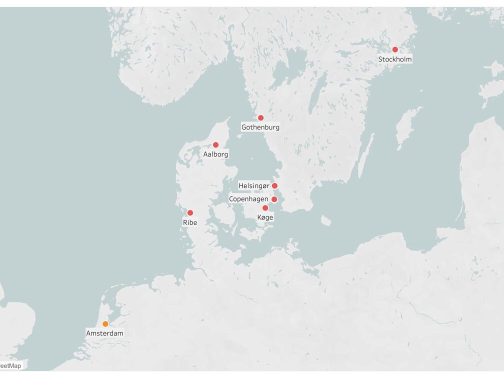 Map of Northern Europe with the North Sea and the Baltic Sea, and the Danish and Swedish cities under discussion