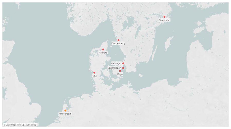 Map of Northern Europe with the North Sea and the Baltic Sea, and the Danish and Swedish cities under discussion