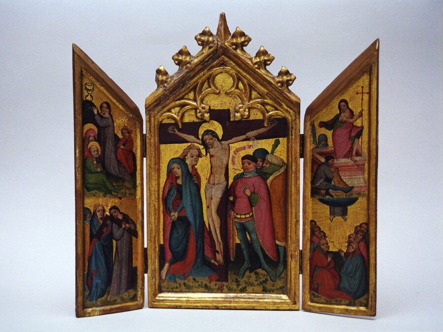 Southern Netherlands, Triptych of the Crucifixion, ca. 1410, oil on wood, center panel, wings, Schwerin, Staatliches Museum