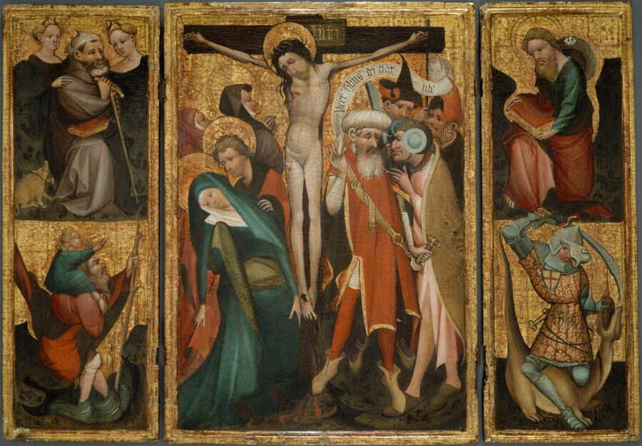 Netherlandish or German (possibly Rhenish), Triptych of the Crucifixion with Saints Anthony, Christopher, James and George, ca. 1400, tempera and oil on panel, The Art Institute of Chicago, Mr. and Mrs. Martin A. Ryerson Collection, inv. no. 1947.394